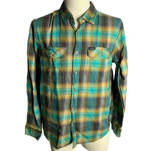Jacks Surfboards Button Up Flannel Shirt M Green Plaid Long Sleeve Pockets